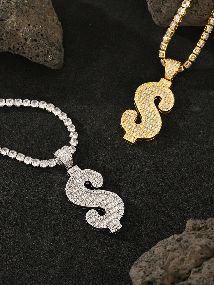 1 cái Iced Out Men Punk School Mạ vàng 18K Mạ bạch kim Chất lượng cao $ Hình Hip-Hop Iced Out 20 inch Tennis Chain Mặt dây chuyền Vòng cổ lát AAAAA Cubic Zirconia Rapper Trang sức - Đô la Mỹ - Xem 1