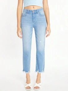 HIGH RISE SLIM STRAIGHT FRAYED JEAN - 淺色水洗藍 - 查看 1