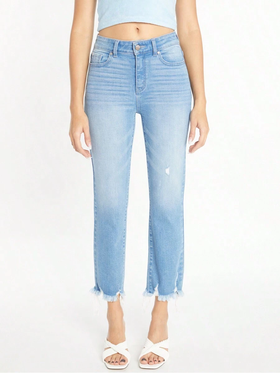 HIGH RISE SLIM STRAIGHT FRAYED JEAN - 淺色水洗藍 - 查看 1
