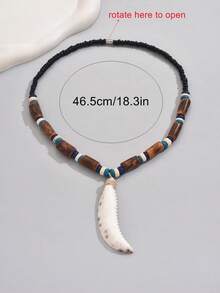 1pc Creative  Coconut Shell Beaded Necklace With Shell Wolf Tooth Shaped Pendant, Gift For Men's Daily Wear - Multicolor - View 5