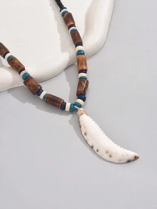 1pc Creative  Coconut Shell Beaded Necklace With Shell Wolf Tooth Shaped Pendant, Gift For Men's Daily Wear - Multicolor - View 4