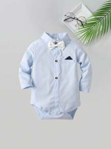 2pcs Baby Boys Gentleman Outfit, Blue Long Sleeve Shirt With Bowknot And Overalls, Fashionable & For Birthday Party, Wedding, Anniversary Celebration - Blue - View 5