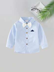 2pcs Baby Boys Gentleman Outfit, Blue Long Sleeve Shirt With Bowknot And Overalls, Fashionable & For Birthday Party, Wedding, Anniversary Celebration - Blue - View 7
