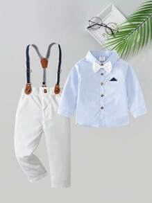 2pcs Baby Boys Gentleman Outfit, Blue Long Sleeve Shirt With Bowknot And Overalls, Fashionable & For Birthday Party, Wedding, Anniversary Celebration - Blue - View 8
