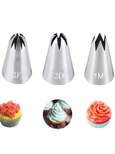 3Pcs 1M#2F#2D# Stainless Steel Icing Piping Nozzles, Rose Flower Pastry Nozzles For Cakes Fondant Decorations Cookie Cupcake Dessert Cream Nozzles