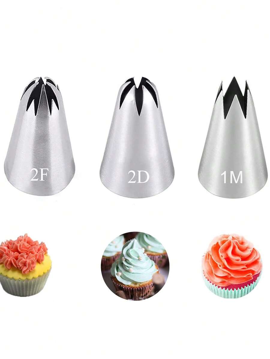 3Pcs 1M#2F#2D# Stainless Steel Icing Piping Nozzles, Rose Flower Pastry Nozzles For Cakes Fondant Decorations Cookie Cupcake Dessert Cream Nozzles - Silver - View 1