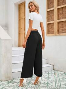 Women High Waisted Wide Leg Palazzo Pants, Flowy Pants For Women Loose Fit Elastic Waist Pleated Trousers Comfy Elegant Business Casual Straight Leg Dress Pants - Black - View 6