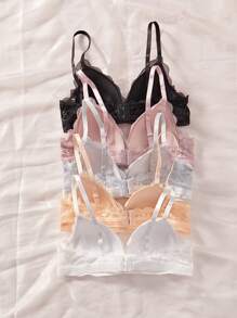 5 PIEZAS Sujetador tipo bralette cómodo y suave de encaje sin varillas, ropa interior de color sólido