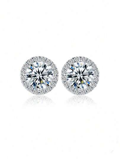 1pair 5A CZ & Synthetic Diamond Bling Circular Stud Earrings, S925 Sterling Silver Earrings, Women's/Girls' Wedding/Party Fine Jewelry Gifts