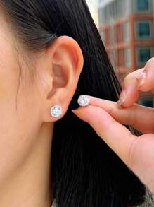 1pair 5A CZ & Synthetic Diamond Bling Circular Stud Earrings, S925 Sterling Silver Earrings, Women's/Girls' Wedding/Party Fine Jewelry Gifts