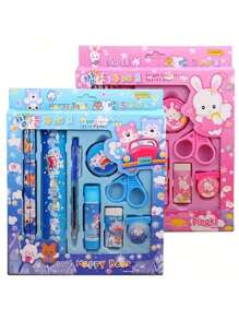 9 Stück/Set Koreanischer Stil Cartoon Schreibwaren Set Geschenkbox, kreative Schul-Zubehör Geschenke, beinhaltet Bleistifte, Anspitzer, Radiergummi, Lineal, Kugelschreiber usw., geeignet als Party-/Weihnachts-/Geburtstaggeschenk