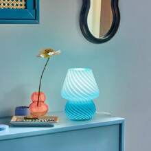 ONEWISH Mushroom Lamp - Small Table Lamp With Striped Glass, Nightstand Lamp For Bedroom, Living Room, Cafe, Office, Bulb Included, Gift For Girls Women Birthday Christmas Thanksgiving, Blue [Energy Class F] - Blue - View 3