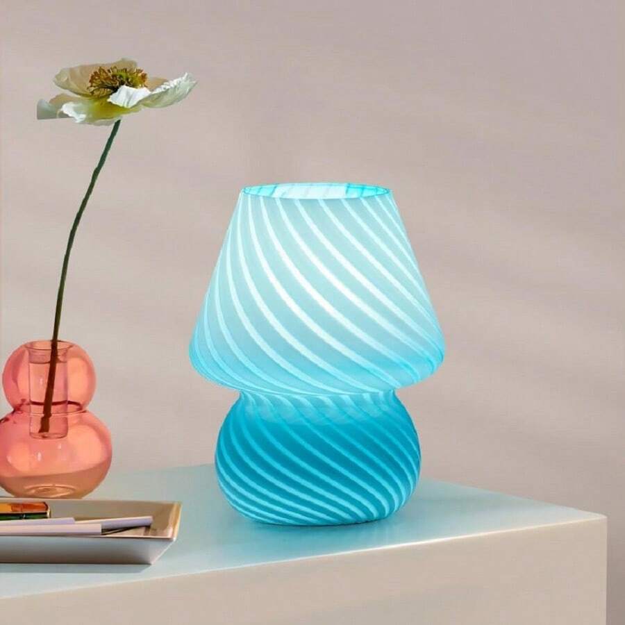 ONEWISH Mushroom Lamp - Small Table Lamp With Striped Glass, Nightstand Lamp For Bedroom, Living Room, Cafe, Office, Bulb Included, Gift For Girls Women Birthday Christmas Thanksgiving, Blue [Energy Class F] - Blue - View 1