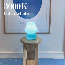 ONEWISH Mushroom Lamp - Small Table Lamp With Striped Glass, Nightstand Lamp For Bedroom, Living Room, Cafe, Office, Bulb Included, Gift For Girls Women Birthday Christmas Thanksgiving, Blue [Energy Class F] - Blue - View 4