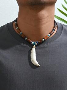 1pc Creative  Coconut Shell Beaded Necklace With Shell Wolf Tooth Shaped Pendant, Gift For Men's Daily Wear - Multicolor - View 2