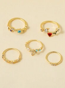 5pcs Heart & Flower Decor Ring - Yellow Gold - View 4