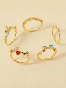 5pcs Heart & Flower Decor Ring - Yellow Gold - View 2