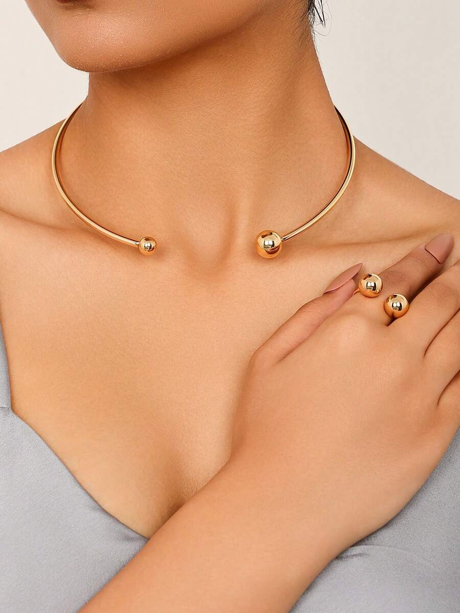 1入時尚極簡領型項鍊，環形手鐲戒指套裝，適用於女性日常穿戴和服裝搭配珠寶 - 金黃色 - 查看 1