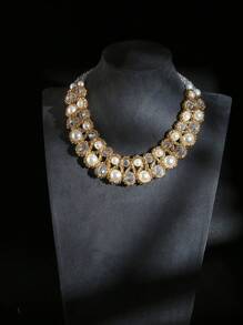 1pc Fashionable Crystal Pearl Beaded Double Row Necklace For Women