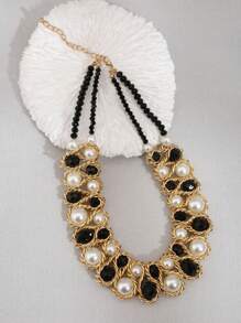 1pc Fashionable Crystal Pearl Beaded Double Row Necklace For Women