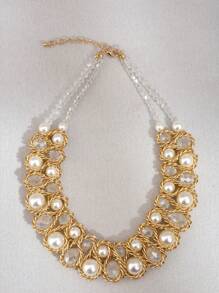 1pc Fashionable Crystal Pearl Beaded Double Row Necklace For Women