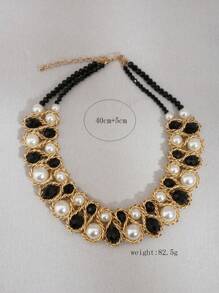 1pc Fashionable Crystal Pearl Beaded Double Row Necklace For Women