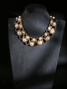 1pc Fashionable Crystal Pearl Beaded Double Row Necklace For Women