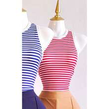 Crop Top Rayas sin Mangas de Cuello Redondo, Camiseta Sin Mangas, Top Tank de Moda para Mujer Dama Sexy, Blusas, Las mejores Blusas, Playeras de Dama Casual, Playeras, Tops, Blusa, Camisetas Halter Crops Blusa Blanca - Rojo - Ver 2