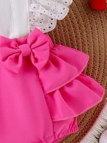 Baby Girl Cherry Embroidery Ruffle Contrast Color Patchwork Bodysuit With Headband, Summer - Hot Pink - View 4