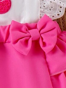 Baby Girl Cherry Embroidery Ruffle Contrast Color Patchwork Bodysuit With Headband, Summer - Hot Pink - View 7