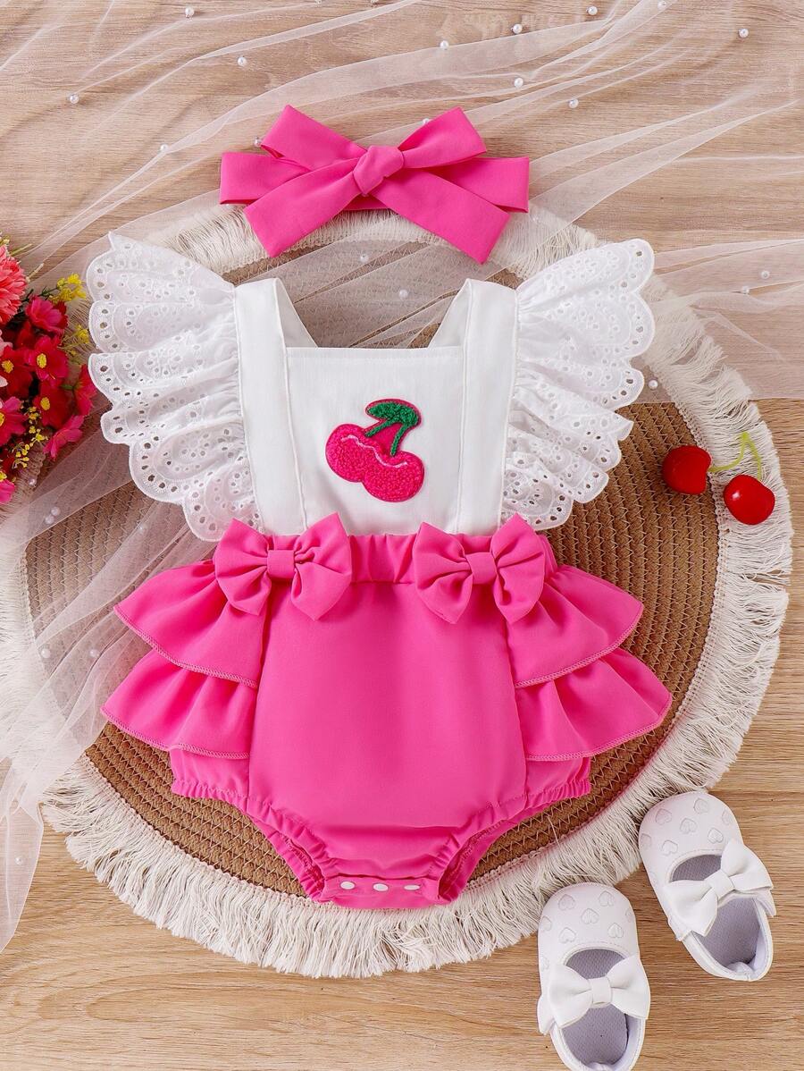 Baby Girl Cherry Embroidery Ruffle Contrast Color Patchwork Bodysuit With Headband, Summer - Hot Pink - View 1