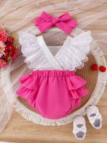 Baby Girl Cherry Embroidery Ruffle Contrast Color Patchwork Bodysuit With Headband, Summer - Hot Pink - View 2