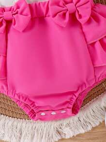 Baby Girl Cherry Embroidery Ruffle Contrast Color Patchwork Bodysuit With Headband, Summer - Hot Pink - View 3
