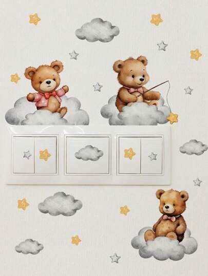 1 pieza Pegatina de interruptor de pared con diseño de oso y nube estrellada para decoración de sala de estar y dormitorio, pegatinas, vinilos decorativos para el hogar, artículos de decoración de primavera para renovar tu hogar, pegatinas de decoración de ramas