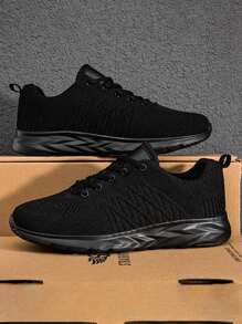 Nuevos zapatos deportivos para hombres transpirables y tejidos en verano, tenis ligeros, cómodos y con amortiguación para el uso diario, fitness, entrenamiento y carrera - Negro - Ver 1