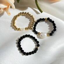 3pcs Women's Stainless Steel Ring Set, Natural Stone, Freshwater Pearl, Shell Handmade Design With Elastic Band, Adjustable Size, Minimalist Style Accessories For Daily Wear, Festivals, Weddings And Parties - Natural Stone Ring Set - View 8