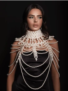 1件新娘串珠项链，多层珍珠颈链，女王项链，白色仿珍珠女士身体链，完美适用于婚礼、派对、时装秀、生日和送礼场合