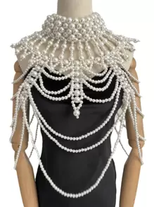 1件新娘串珠项链，多层珍珠颈链，女王项链，白色仿珍珠女士身体链，完美适用于婚礼、派对、时装秀、生日和送礼场合