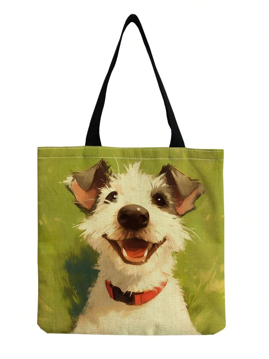 萌犬印花旅行手提袋，可攜式沙灘包，大容量時尚手袋，可愛犬花紋帆布袋，環保購物袋 - 綠色 - 查看 1