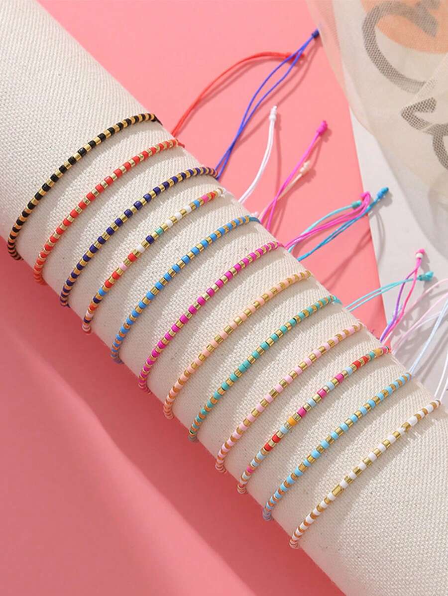 12pcs Best-Selling Handmade Braided Rice Bead Bracelet, Simple And Versatile Bracelet Set - Multicolor - View 1