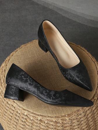 女士时尚舒适石纹尖头低帮一脚蹬高跟鞋，复古棕色，适合通勤、商务、户外、旅行、休闲、高端，黑色