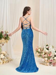 Teen Girl Backless Split Sparkly Sequin Cami Dress With Strap - Teal Blue - View 2