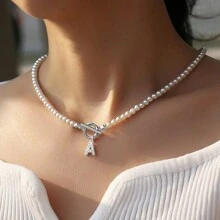 Pave Cubic Zirconia 26 Cubic Zirconia Initial Necklace Women Beaded Necklace For Women - Silver - View 1