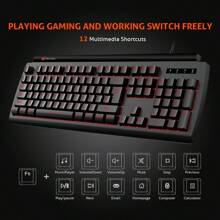 全尺寸白色有线薄膜电脑游戏办公键盘，带冰蓝色背光 - 黑色 - 查看 6