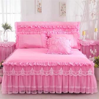 3pcs Bedding Set (1 Bed Skirt + 2 Pillowcases) Princess Style Bed Skirt With Lace Trim For Bedroom Hotel Home, Suitable As Bedspread