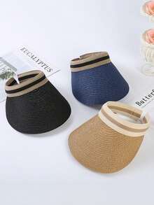 1pc Women's Summer Sun Hat, New Style Open Top Straw Hat For Outdoor Trekking And Sun Protection - Navy Blue - View 1