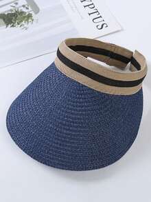 1pc Women's Summer Sun Hat, New Style Open Top Straw Hat For Outdoor Trekking And Sun Protection - Navy Blue - View 2
