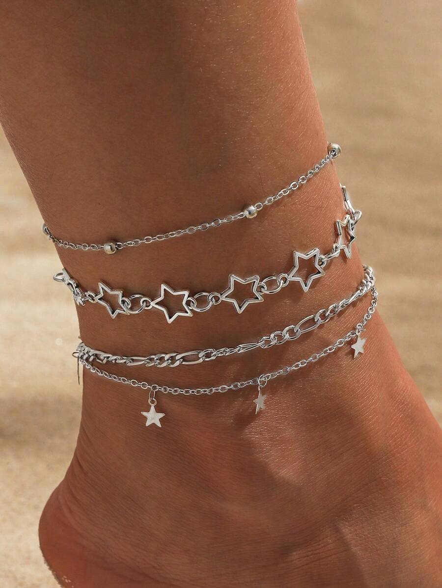 3pcs Simple And Charming Hollow Star Anklet Set For Women, Perfect For Beach And Daily Wear In Summer - Silver - View 1