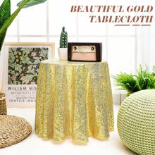 1pc Gold Sequin Glitter Table Cloth, Circular Glistening Draping Table Cloth Suitable For Wedding, Party, Cake Table, Holiday Events