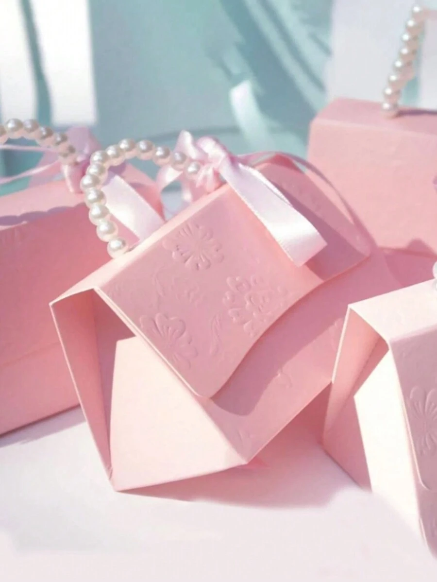 Set de 3 bolsas de regalo decoradas con perlas con caja de caramelos impresa y cinta de seda (con perlas), perfectas para bodas, fiestas, cumpleaños, decoración de festivales y regalos de Acción de Gracias, Navidad y Día de San Valentín